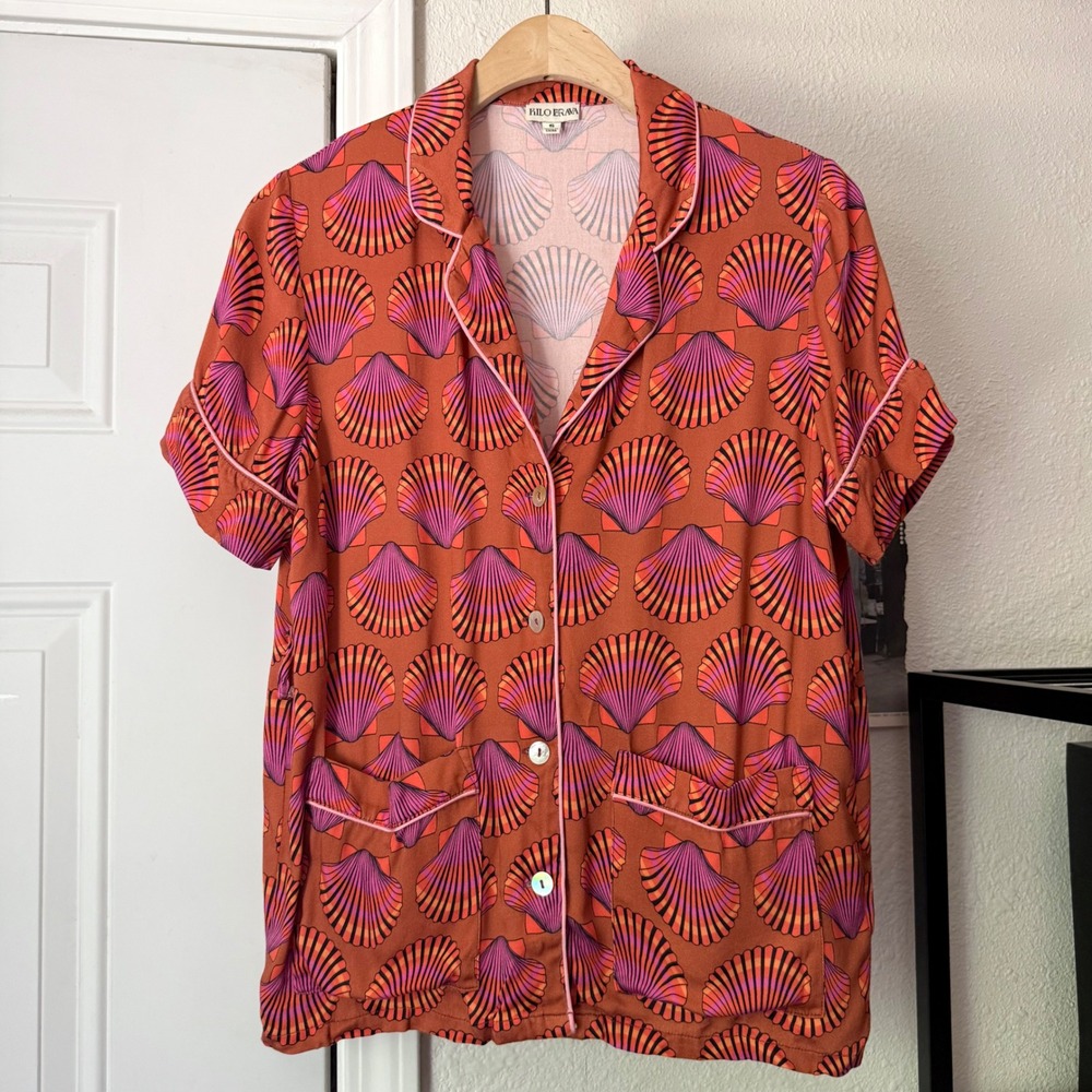 KILO BRAVA rust pink sea‎ shell printed short sleeve button up pajama shirt top